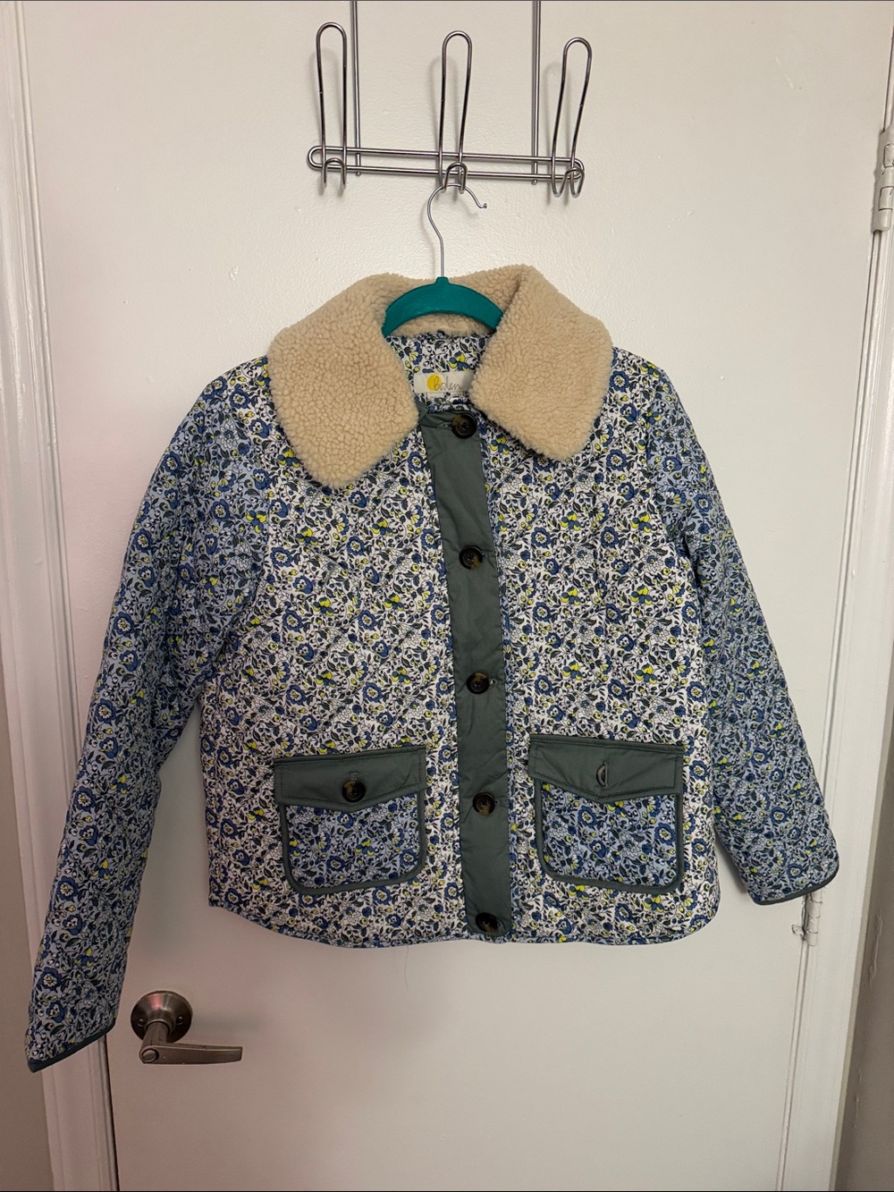 Boden Blue Floral Quilted Jacket with Cream Sherpa Collar